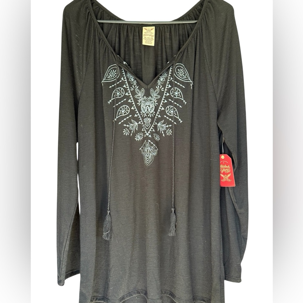 FADED GLORY Black Tunic w/Blue Embroidery XL New w/ tags